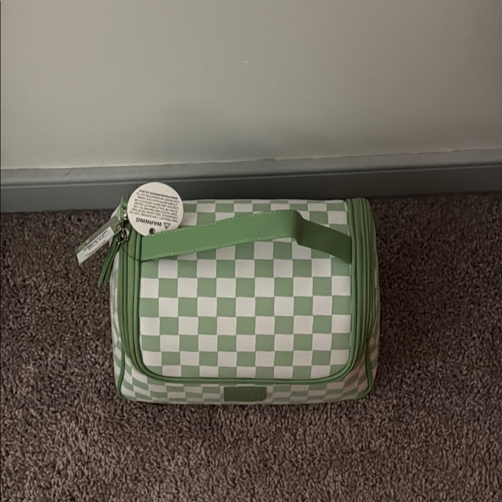 Green and White Checkered Toiletry Bag
